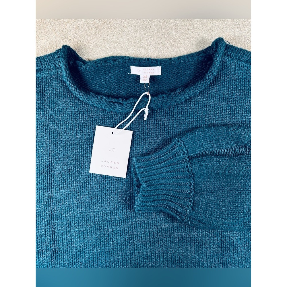 LC Lauren Conrad Sweater Teal Knit Pullover Cable Knit Sleeve NWT Women's XSmall